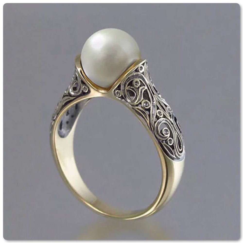 18K Yellow Gold Plated Scroll Pearl Fashion Ring